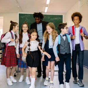 Group of schoolchildren with their teacher walking together inside a classroom